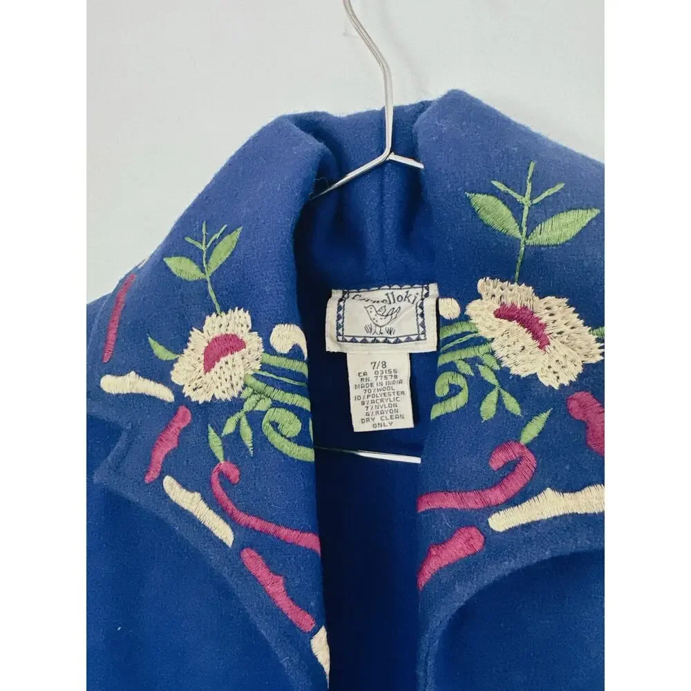 Vintage Girls Cornelloki Wool Blend Embroidered Jacket Size 7/8 Blue Floral Coat